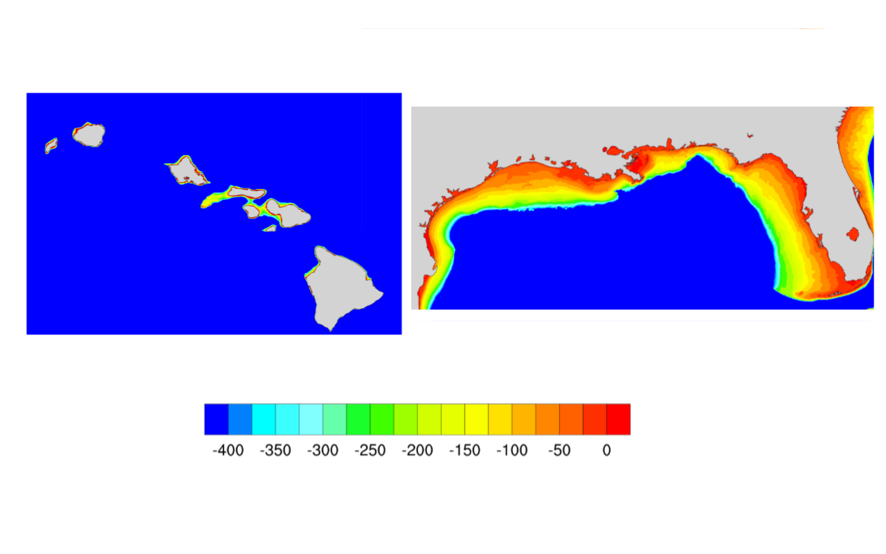 There is a huge contrast in shallow water areas, when comparing the Gulf Coast and Hawaii.