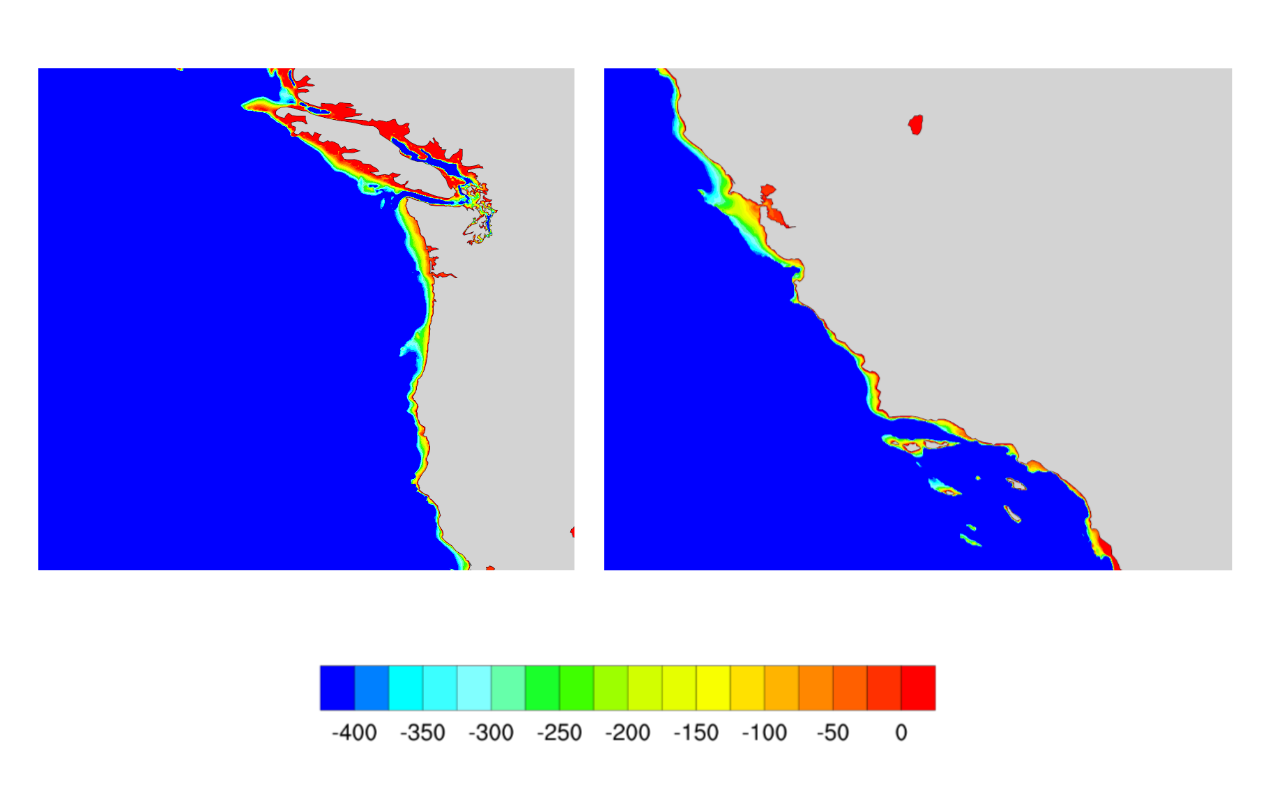 Shallow water areas are very limited along the US West Coast.